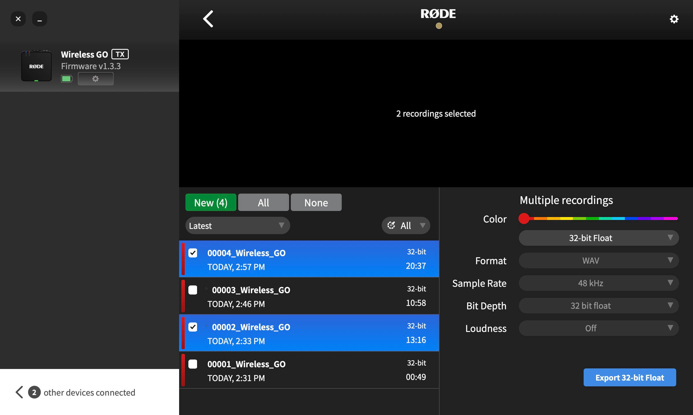 Export settings in RØDE Central for Wireless GO (Gen 3)